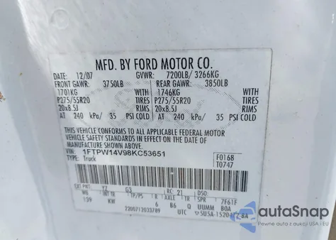 2008 Ford F-150 60Th Anniversary/Fx4/King Ranch/Lariat/Xlt z USA, uszkodzony, nr VIN 1FTPW14V98KC53651